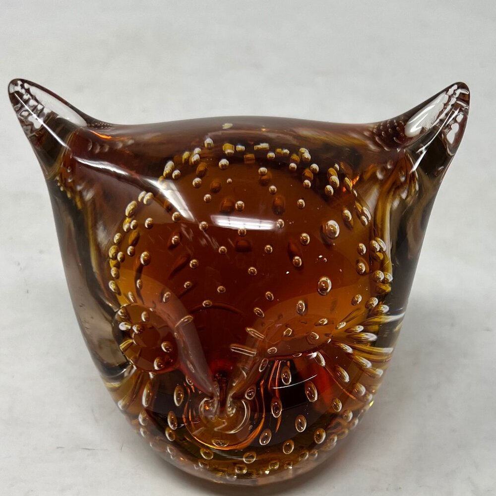Vintage Brown Owl Paperweight Controlled Bubbles Art Glass Unmarked